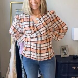 CAbi Whist Faux Wrap Blouse Windowpane Print Balloon‎ Sleeve Medium Style 6295